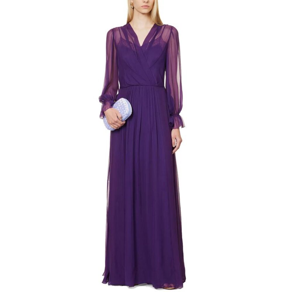 Alberta Ferretti Womens Semi-Sheer Lace-Trim Silk Maxi Dress US 8 Violet IT 44